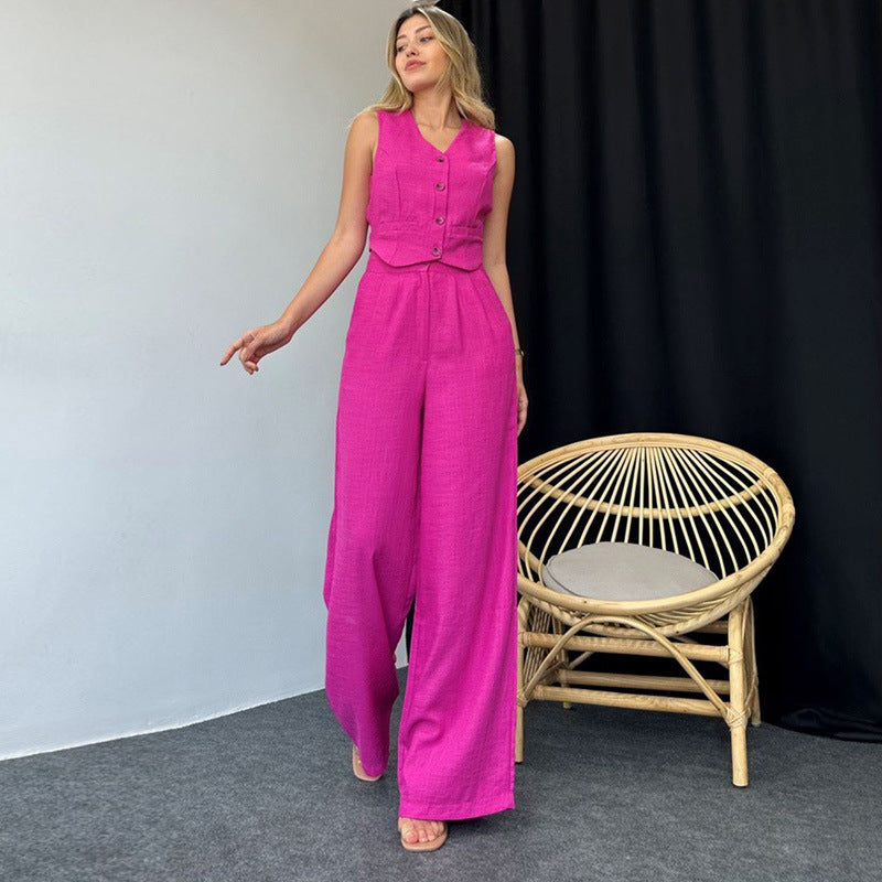 Women's fashion casual sleeveless slim solid color vest pants high-grade women's two-piece summer set - Grace Beauty H&C 