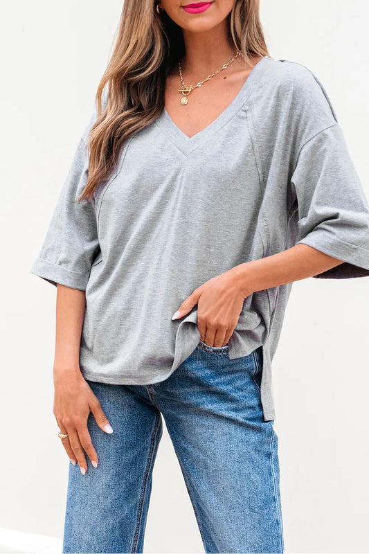 High Raglan Half Sleeve V Neck Oversized T Shirt - Grace Beauty H&C 