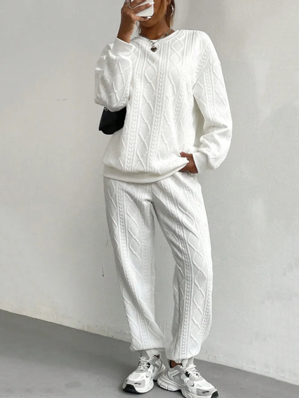Texture Round Neck Top and Pants Set - Grace Beauty H&C 