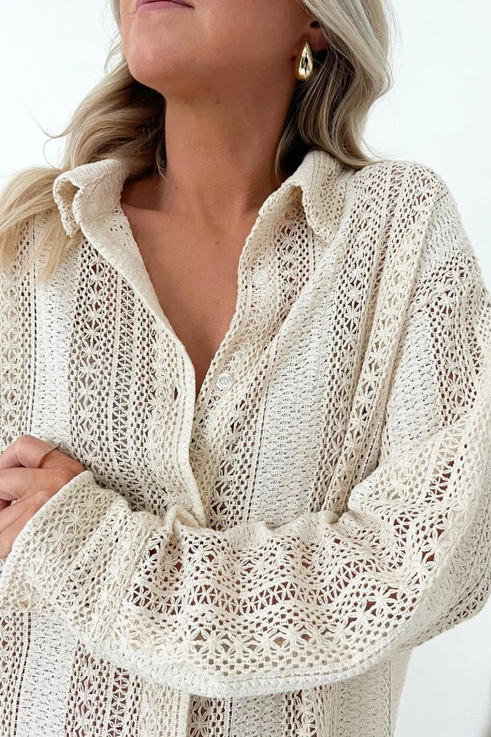 Lace Crochet Collared Neck Oversized Shirt - Grace Beauty H&C 