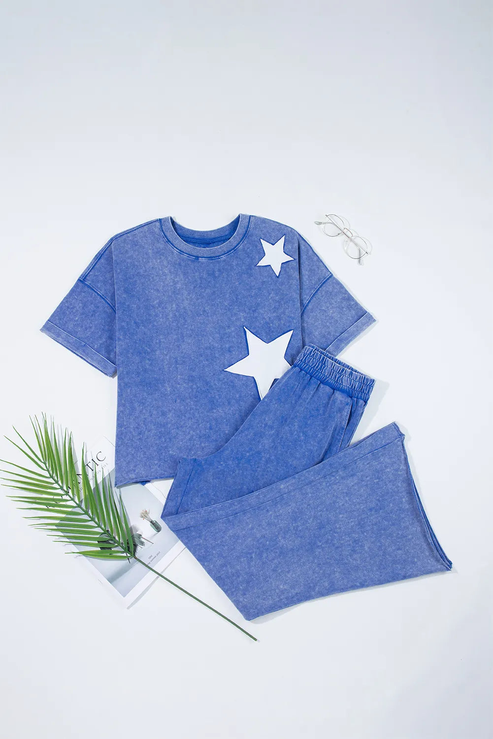 Acid Wash Star Patched Rolled Trim Top and Pants Set - Grace Beauty H&C 