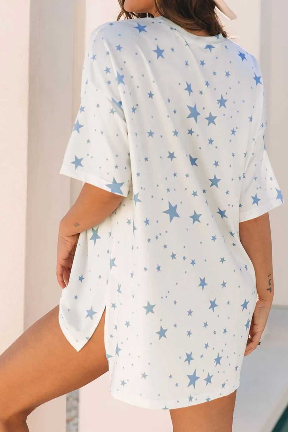 Stars Print Drop Shoulder Oversized T Shirt with Slits - Grace Beauty H&C 