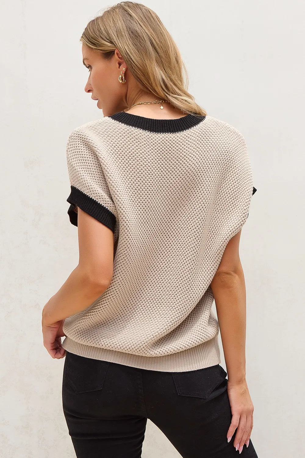 Textured Knit Sweater with Contrast Trim Details - Grace Beauty H&C 