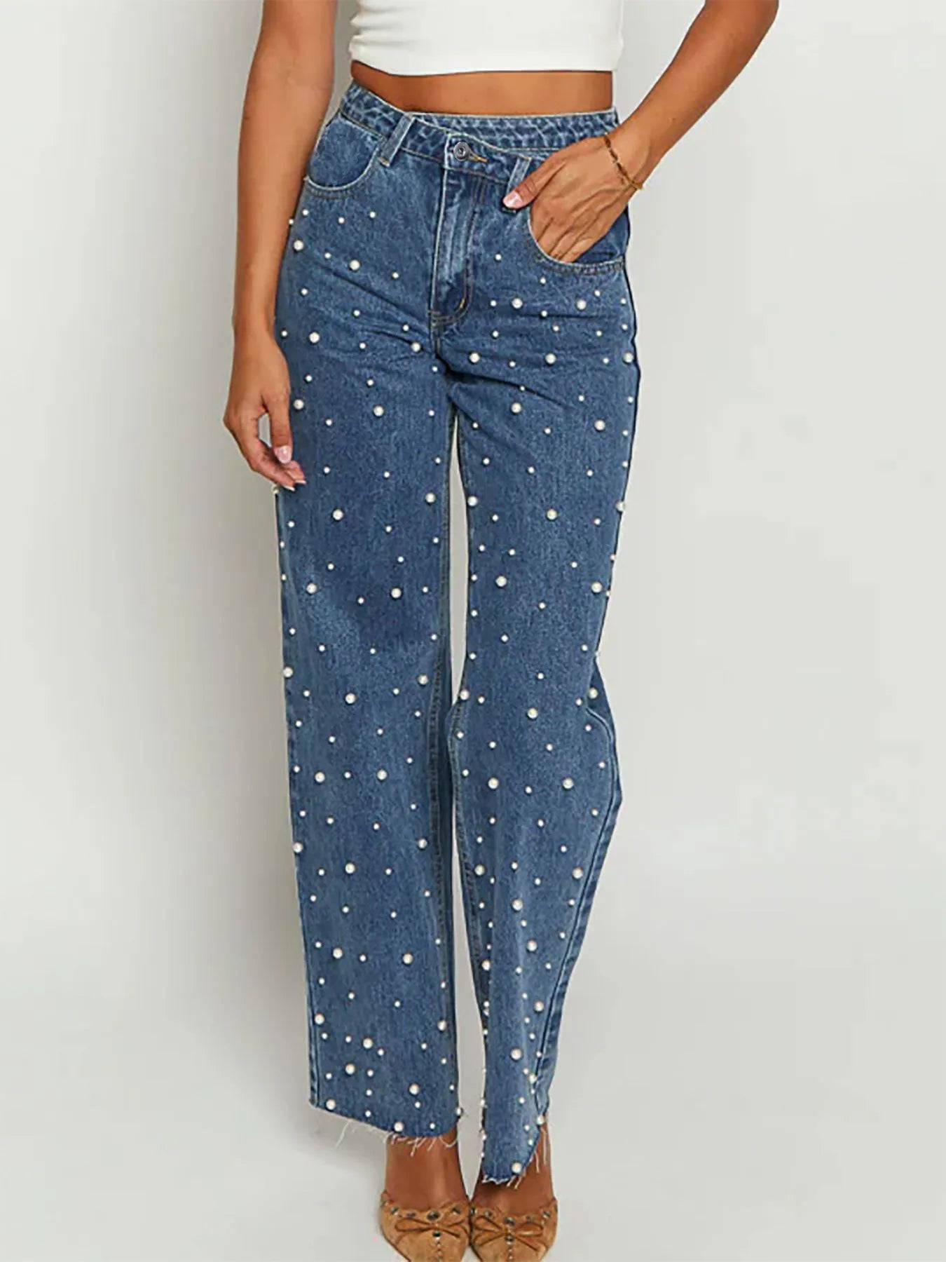 Pearl Embellished High Waist Straight Leg Jeans - Grace Beauty H&C 