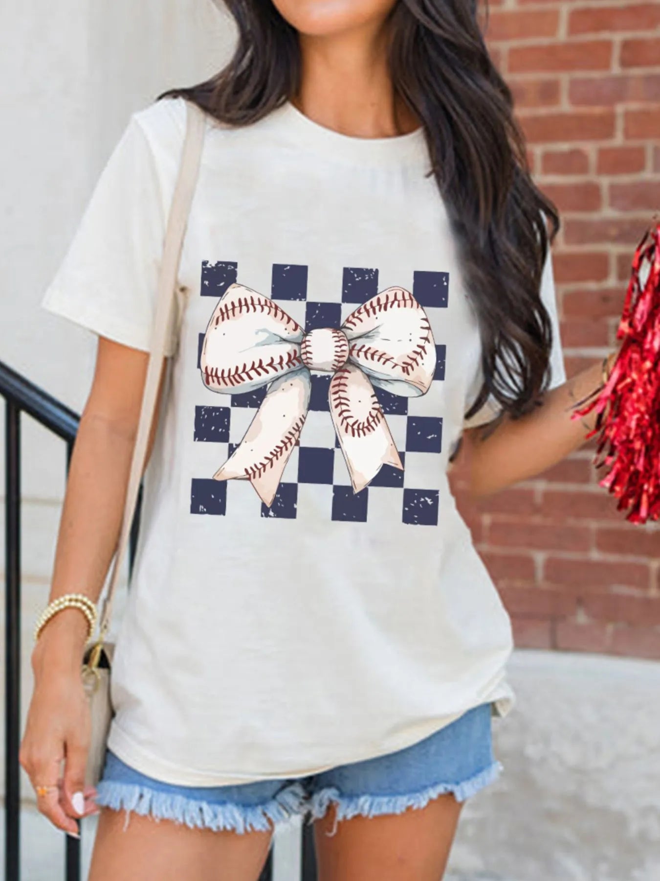 Checkered Bowknot Graphic Crew Neck T Shirt - Grace Beauty H&C 