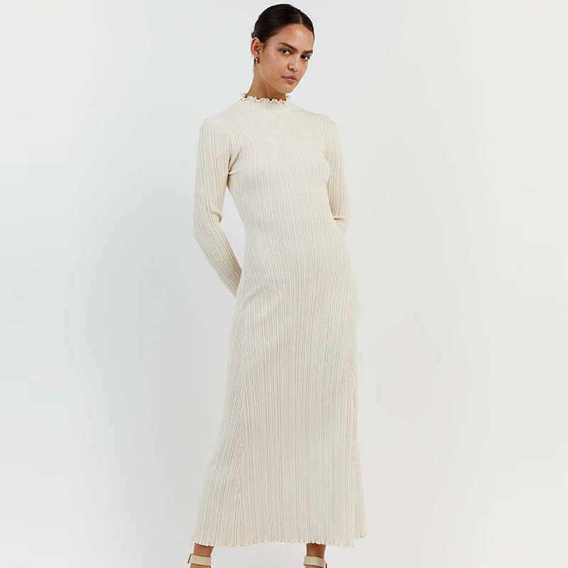 Long Sleeve Knitted Wooden Ear Turtleneck Waist-controlled Slim Fit Slimming Dress - Grace Beauty H&C 
