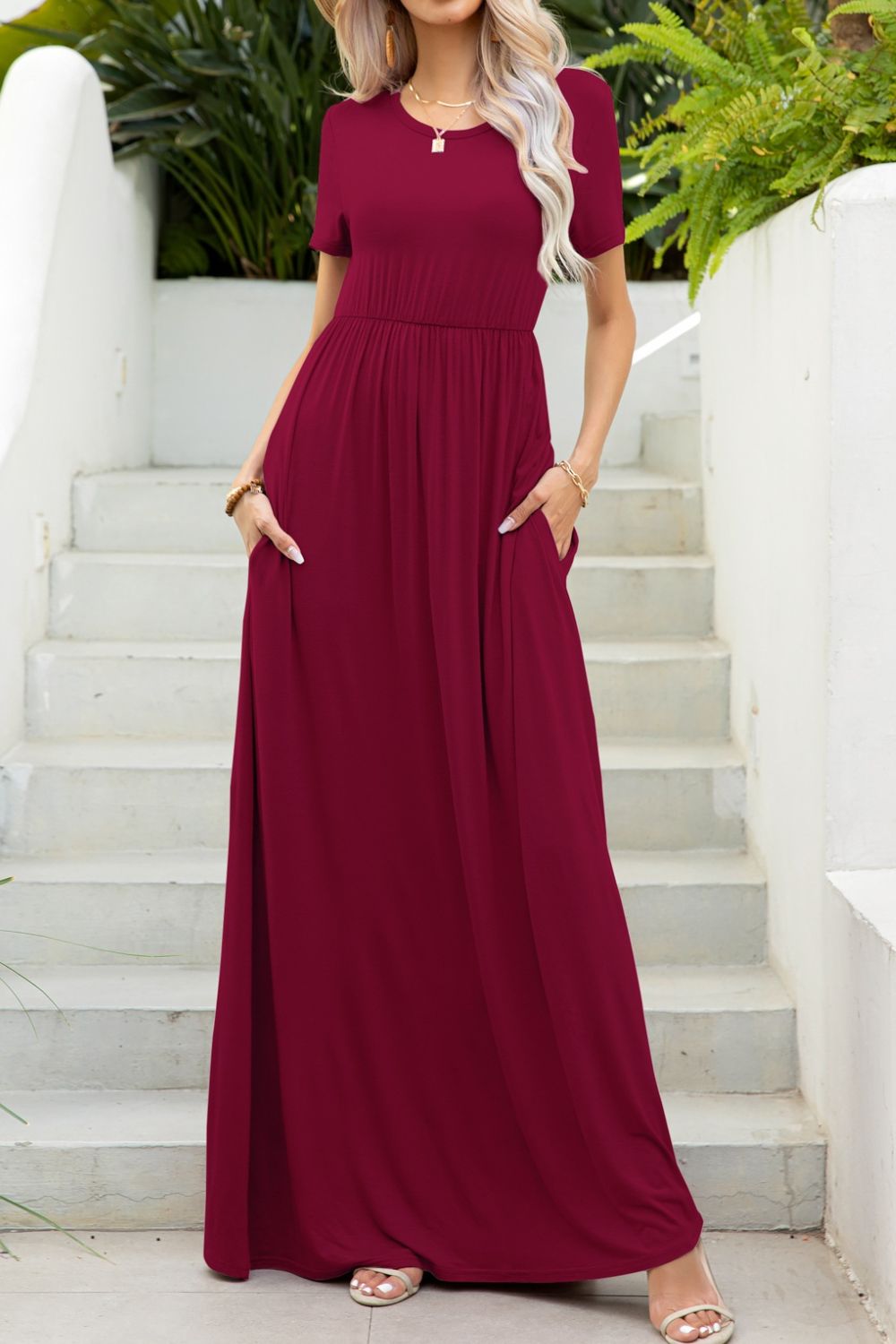 Round Neck Maxi Tee Dress with Pockets - Grace Beauty H&C 