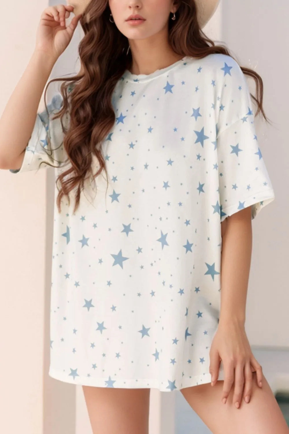 Stars Print Drop Shoulder Oversized T Shirt with Slits - Grace Beauty H&C 