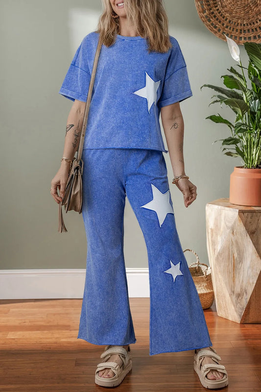 Acid Wash Star Patched Rolled Trim Top and Pants Set - Grace Beauty H&C 