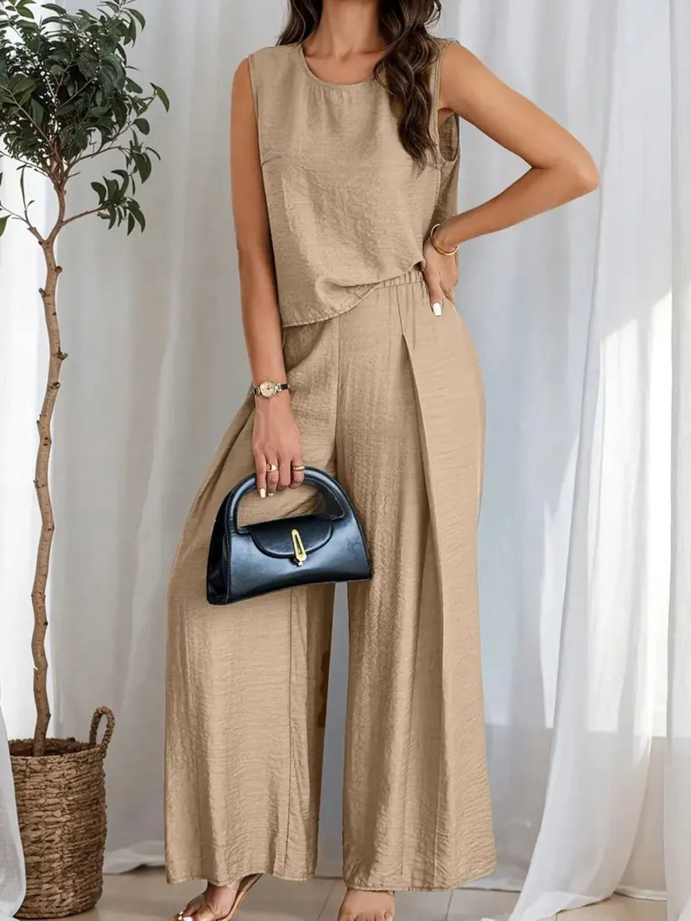 Round Neck Sleeveless Top and Wide Leg Pants Set - Grace Beauty H&C 