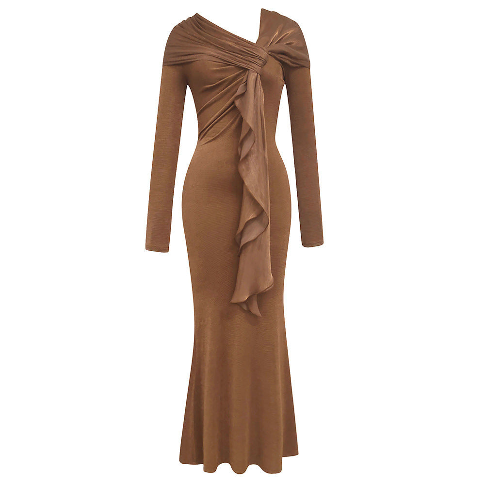 Round Neck Long Sleeve Slim-fit Pleated Ribbon Party Dinner Dress - Grace Beauty H&C 