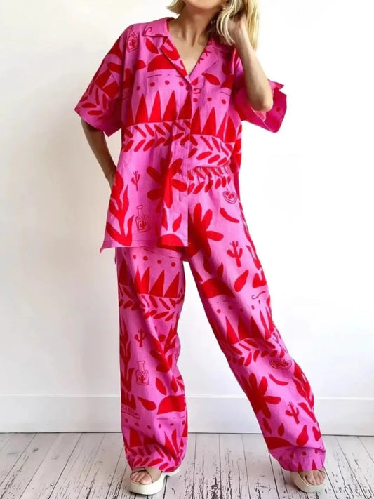 Printed Button Up Shirt and Pants Set - Grace Beauty H&C 