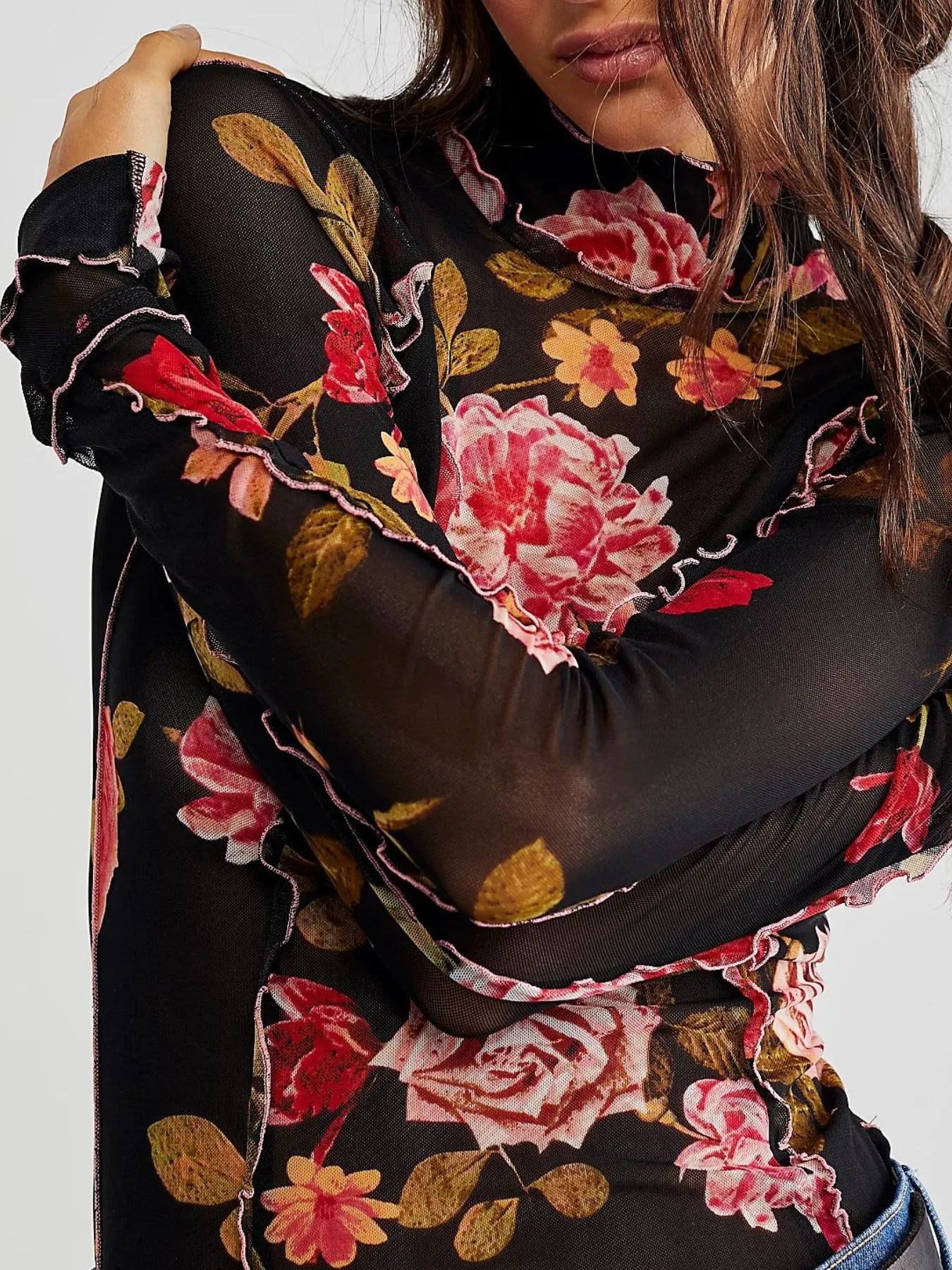 Floral Print Mock Neck Long Sleeve Top - Grace Beauty H&C 