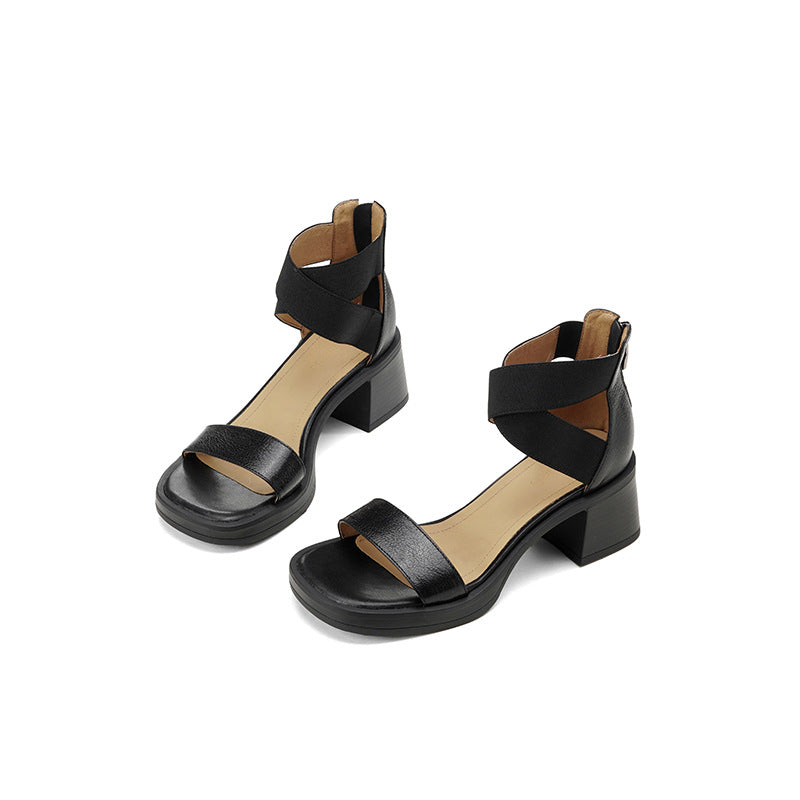 Leather thick-heeled one-strap sandals, high-heeled anti-platform thick-soled sandals, women's shoes, retro style soft soles - Grace Beauty H&C 