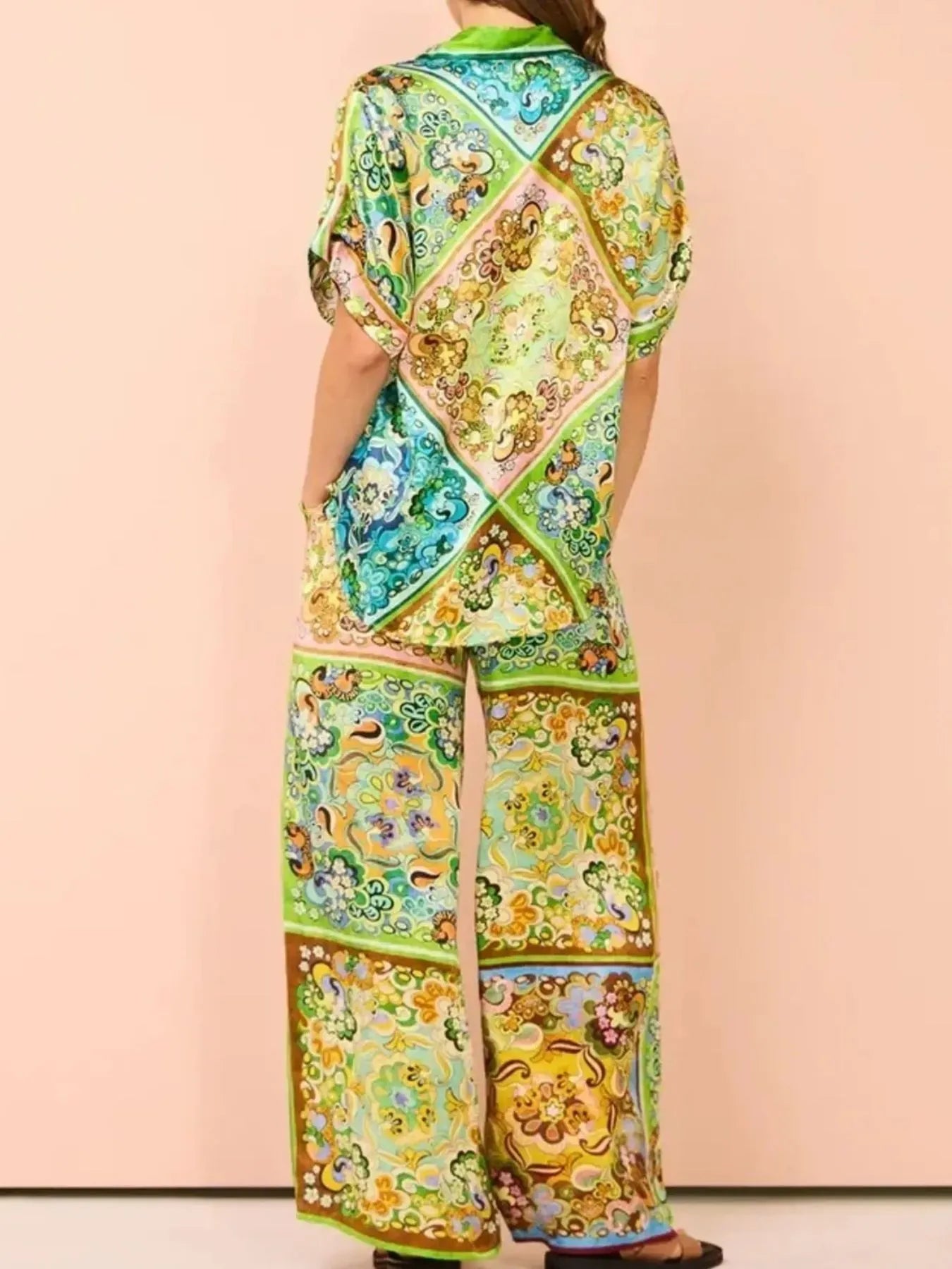 Printed Button Up Shirt and Pants Set - Grace Beauty H&C 