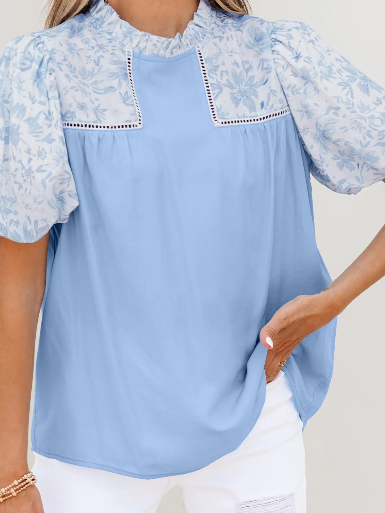 Lace Insert Floral Puff Sleeve Patchwork Loose Blouse - Grace Beauty H&C 