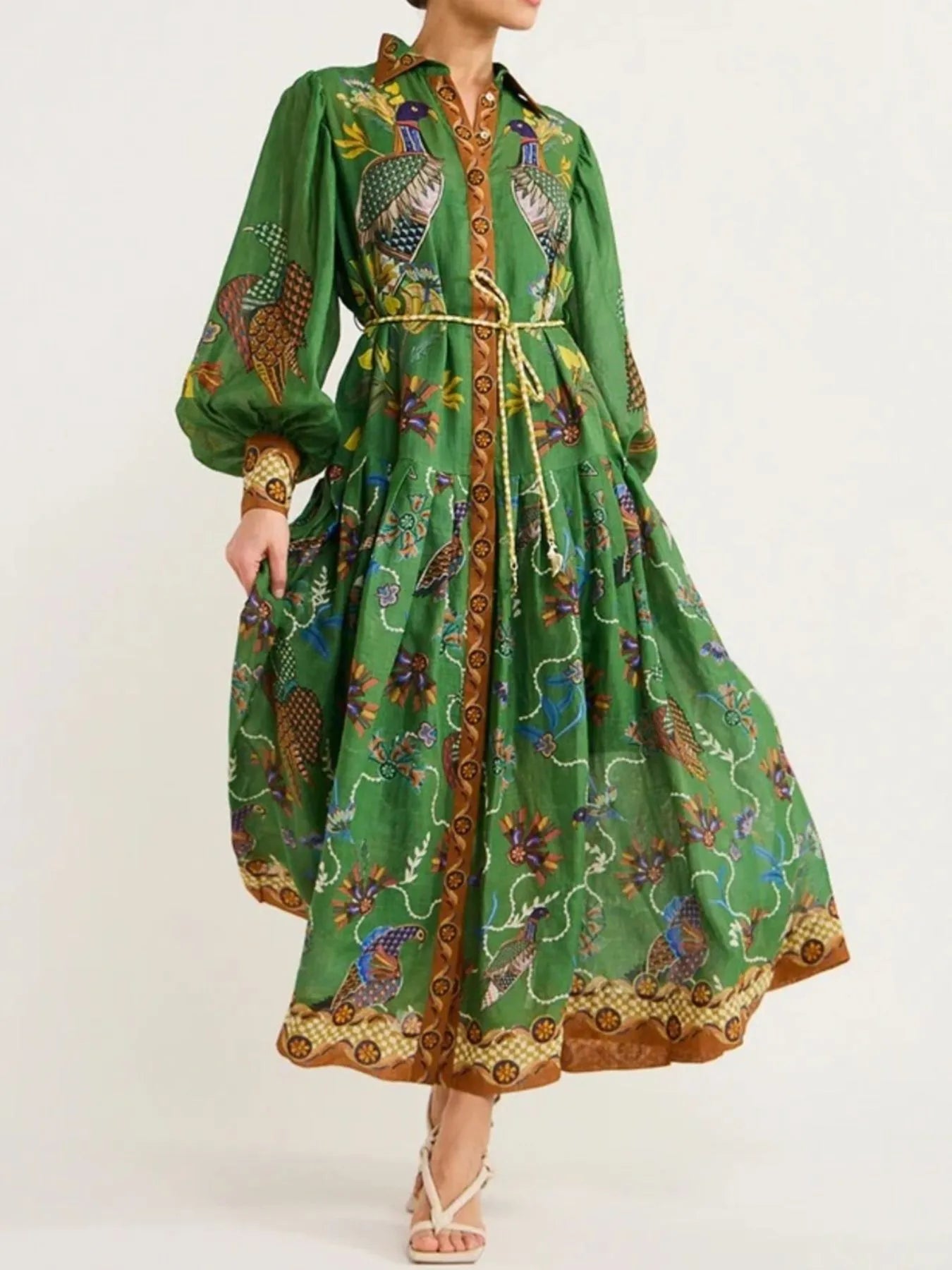 Printed Lantern Sleeve Maxi Shirt Dress - Grace Beauty H&C 