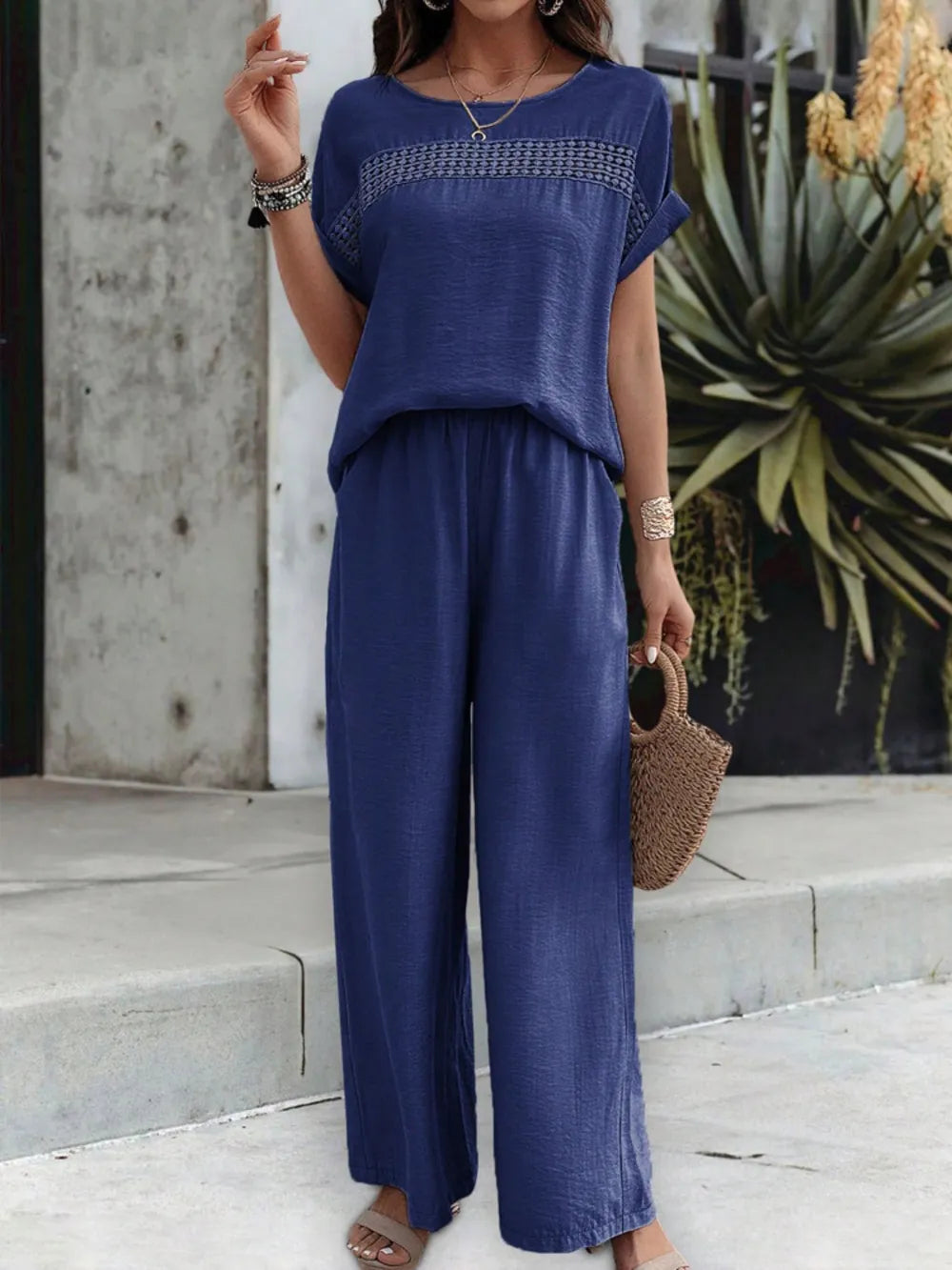Round Neck Short Sleeve Top and Pants Set - Grace Beauty H&C 