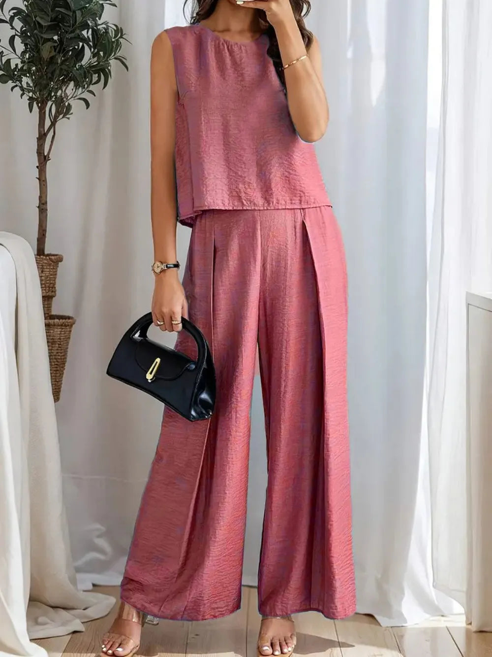 Round Neck Sleeveless Top and Wide Leg Pants Set - Grace Beauty H&C 