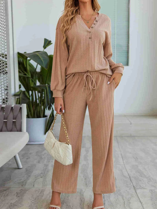 Ribbed Knit Top and Pants Lounge Set with Button Detail - Grace Beauty H&C 
