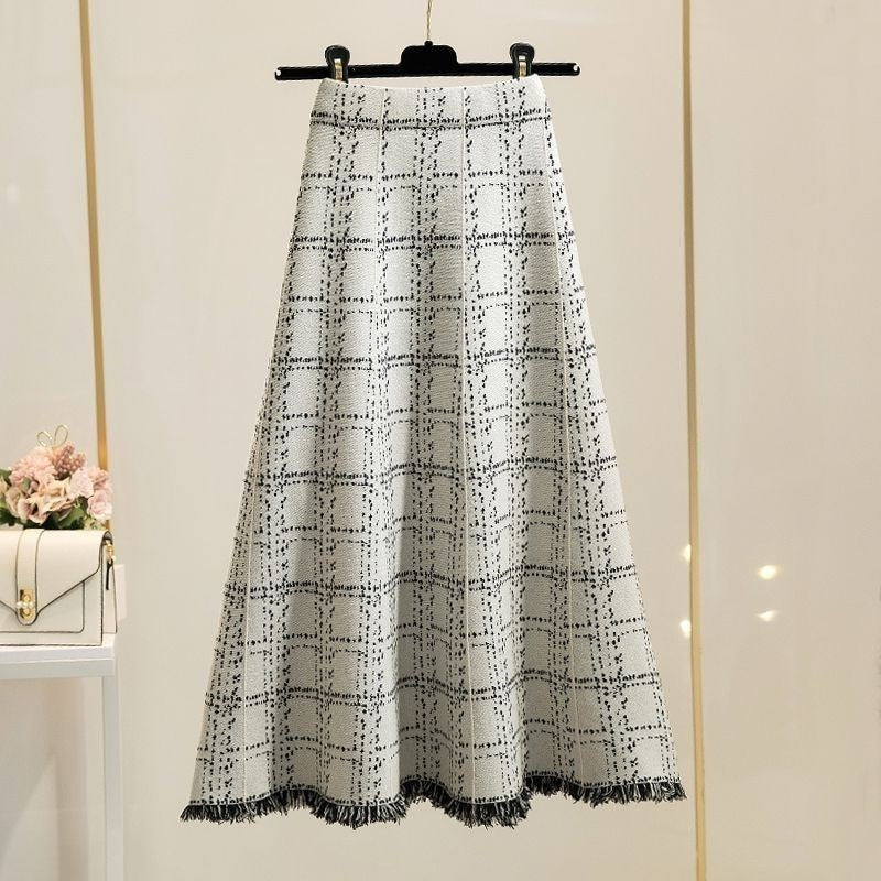 Fringed checkered skirt for women, high-waisted umbrella skirt for autumn and winter, elegant mid-length A-line knitted large hem skirt, versatile and slimming - Grace Beauty H&C 
