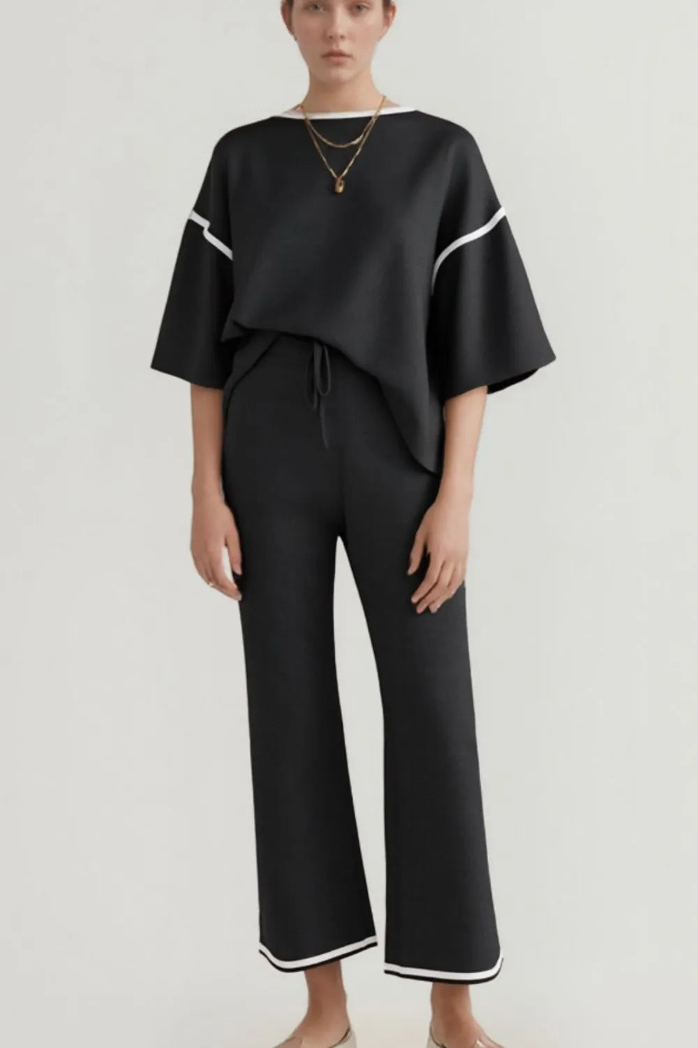 Contrast Trim Round Neck Top and Pants Set - Grace Beauty H&C 