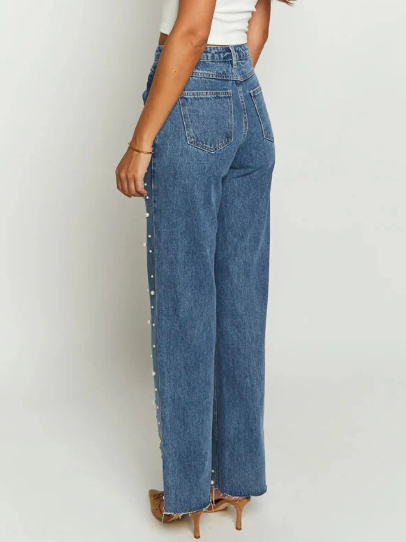 Pearl Embellished High Waist Straight Leg Jeans - Grace Beauty H&C 