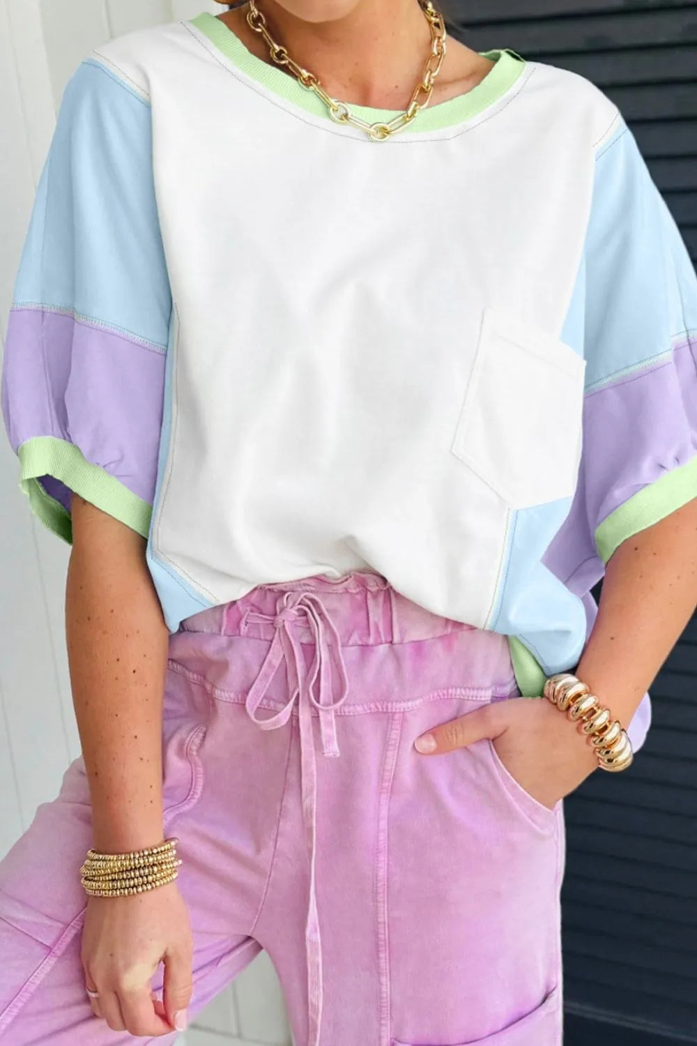 Color Block Patchwork Half Sleeve Oversized T Shirt - Grace Beauty H&C 