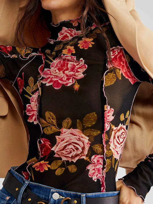 Floral Print Mock Neck Long Sleeve Top - Grace Beauty H&C 