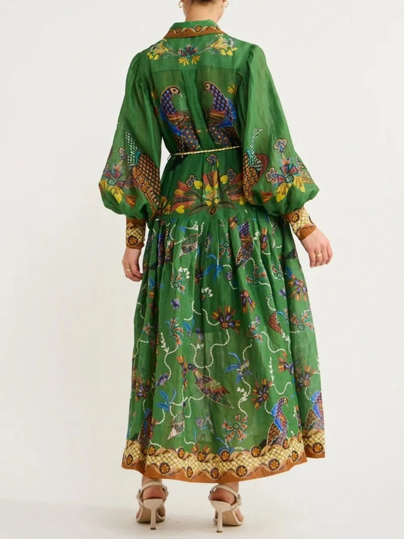 Printed Lantern Sleeve Maxi Shirt Dress - Grace Beauty H&C 