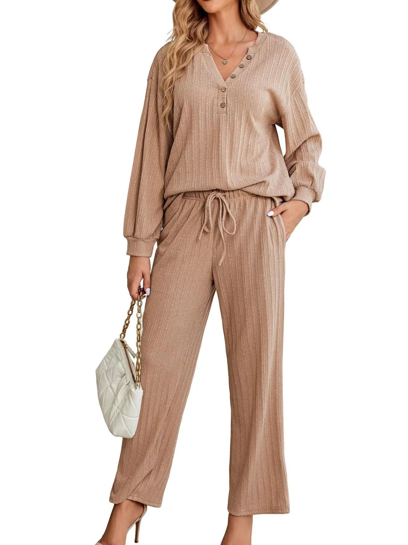 Ribbed Knit Top and Pants Lounge Set with Button Detail - Grace Beauty H&C 