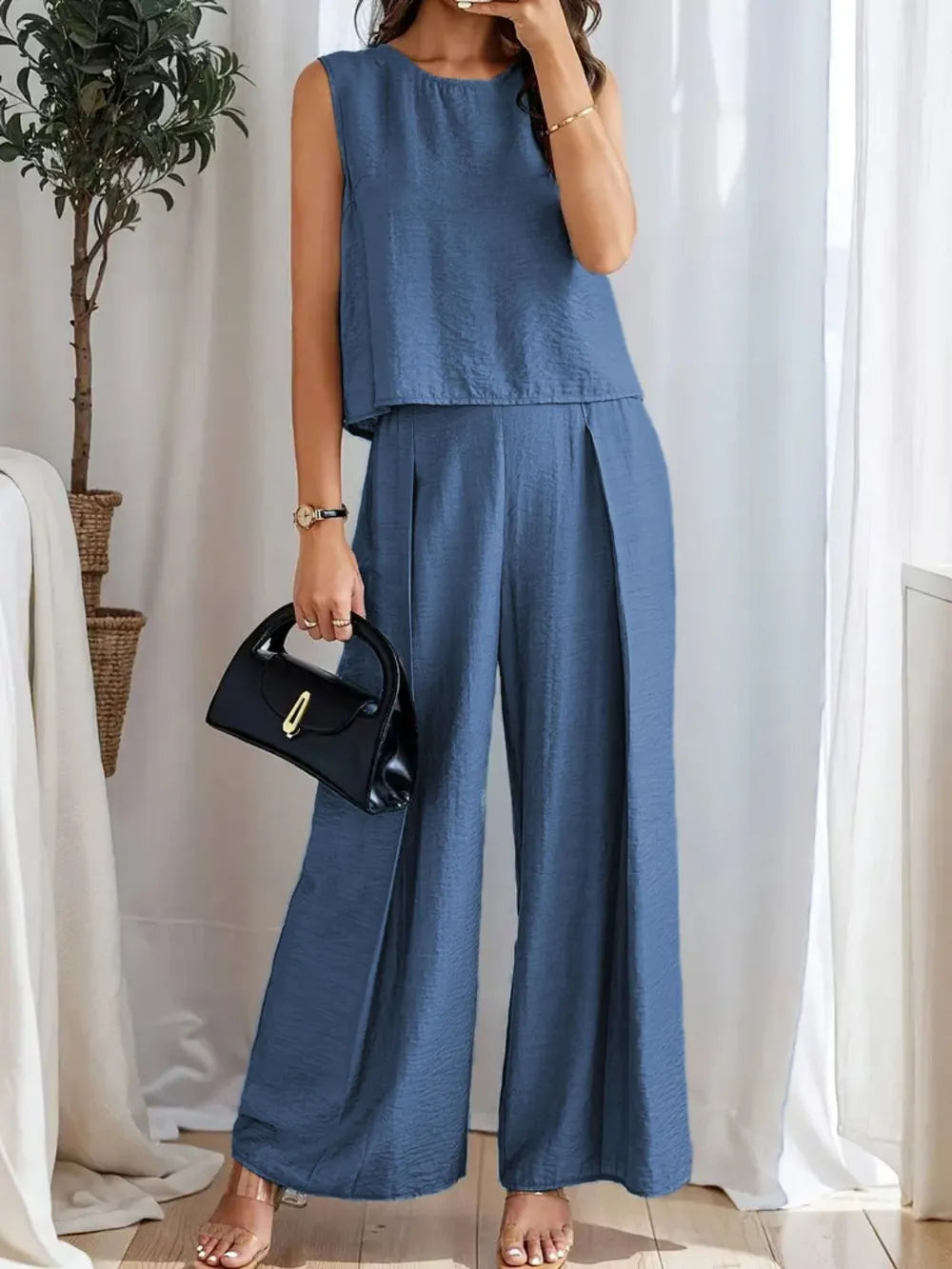 Round Neck Sleeveless Top and Wide Leg Pants Set - Grace Beauty H&C 