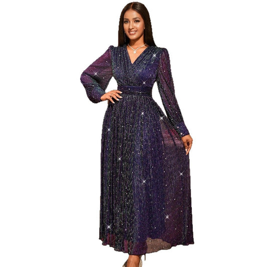 Sexy V-neck Sequined Long Sleeve Dress Purple Slim Fit - Grace Beauty H&C 
