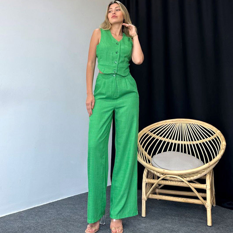 Women's fashion casual sleeveless slim solid color vest pants high-grade women's two-piece summer set - Grace Beauty H&C 