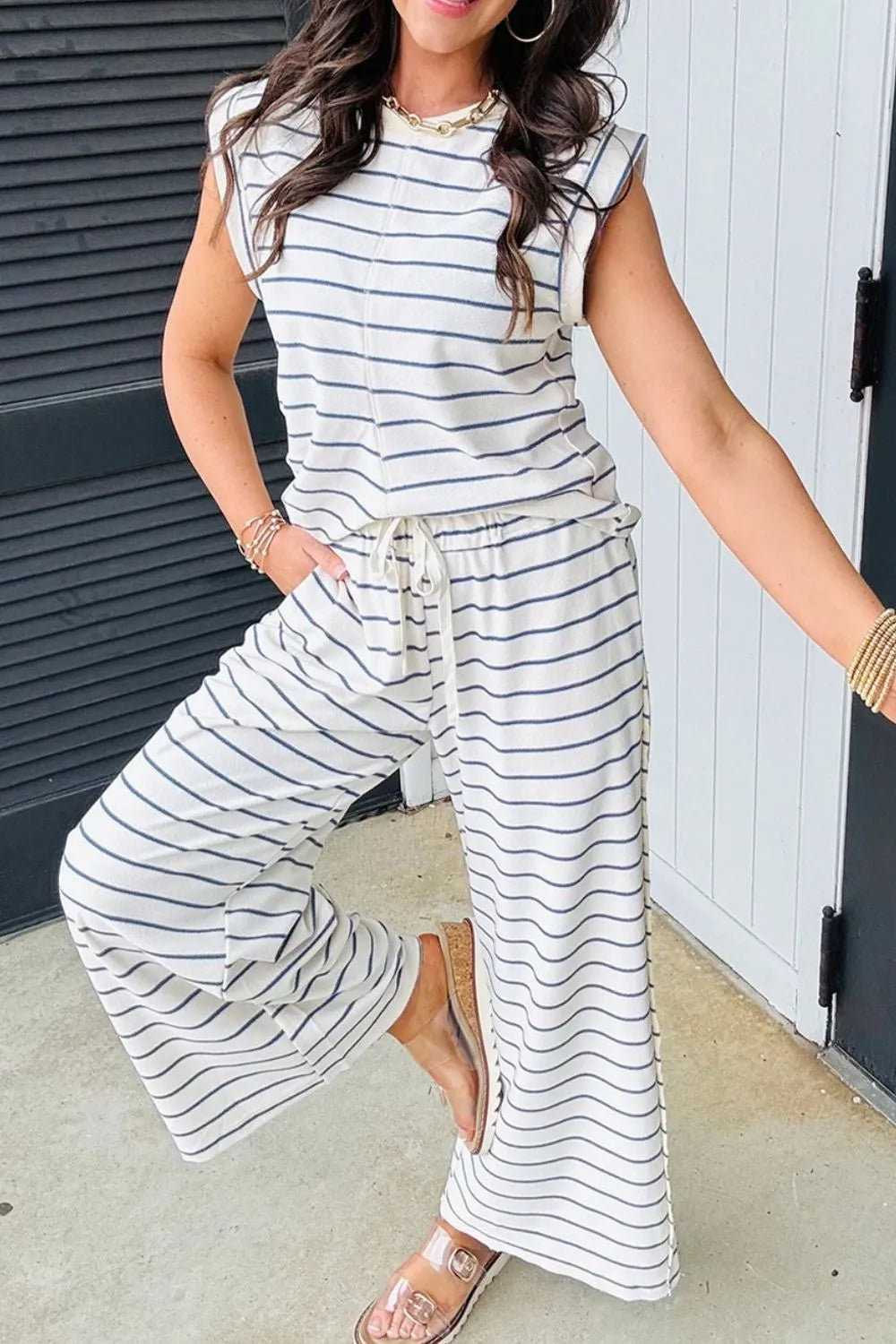 Striped Round Neck Top and Pants Set - Grace Beauty H&C 