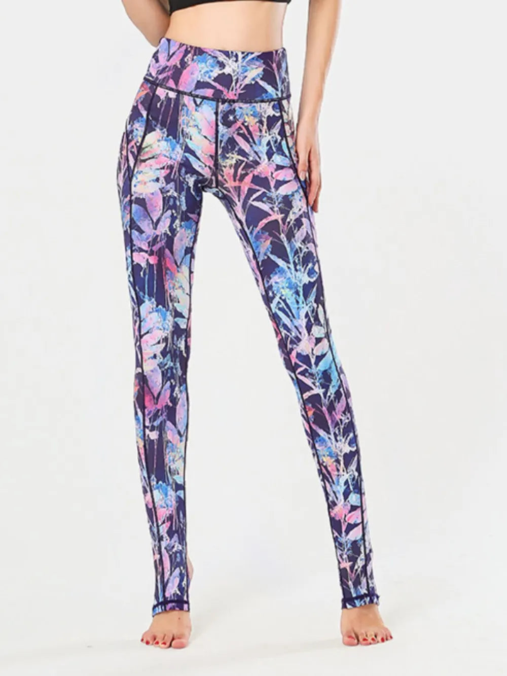 Printed Wide Waistband Active Leggings with Stirrups - Grace Beauty H&C 