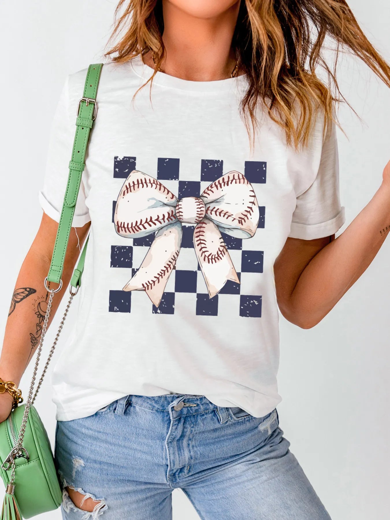 Checkered Bowknot Graphic Crew Neck T Shirt - Grace Beauty H&C 