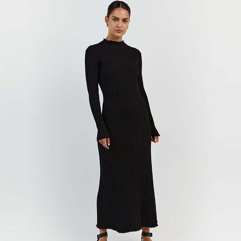 Long Sleeve Knitted Wooden Ear Turtleneck Waist-controlled Slim Fit Slimming Dress - Grace Beauty H&C 