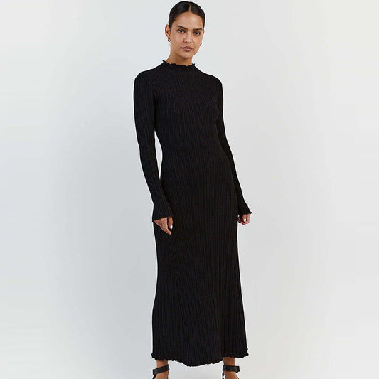 Long Sleeve Knitted Wooden Ear Turtleneck Waist-controlled Slim Fit Slimming Dress - Grace Beauty H&C 