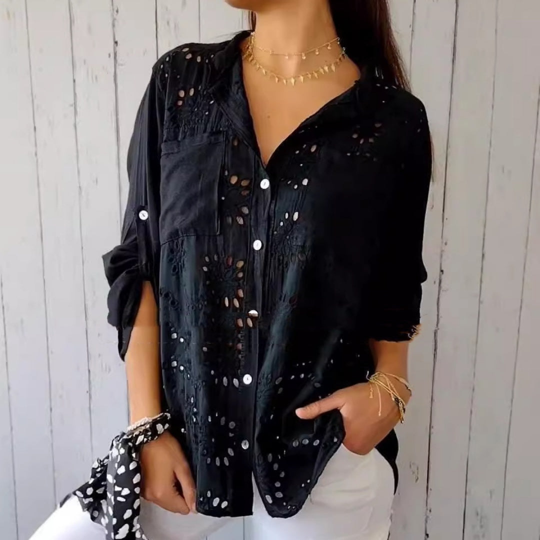 Women's Casual Hollow-out Design Pocket Long Sleeve Button-down Shirt - Grace Beauty H&C 