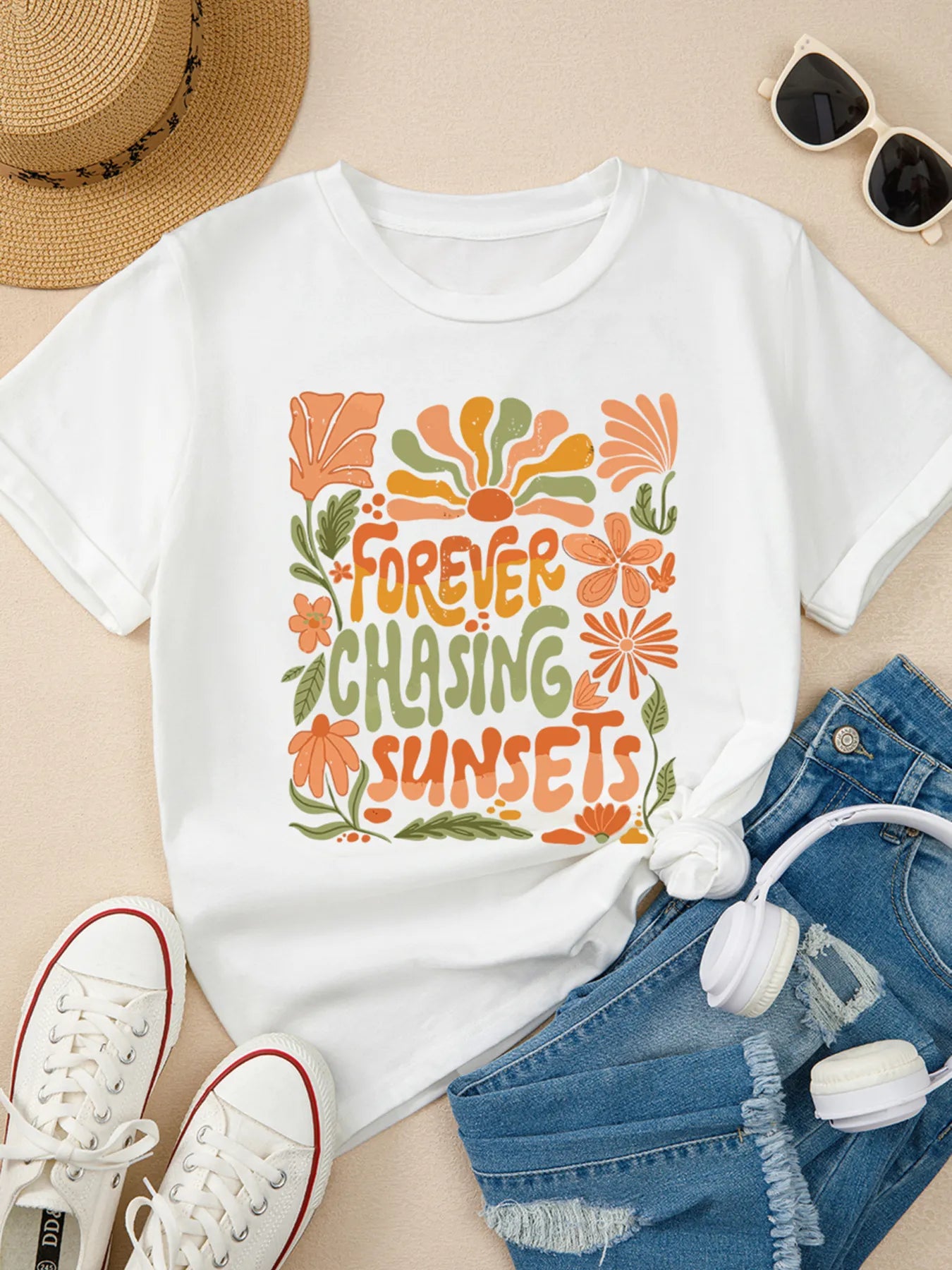 FOREVER CHASING SUNSETS Round Neck T Shirt - Grace Beauty H&C 