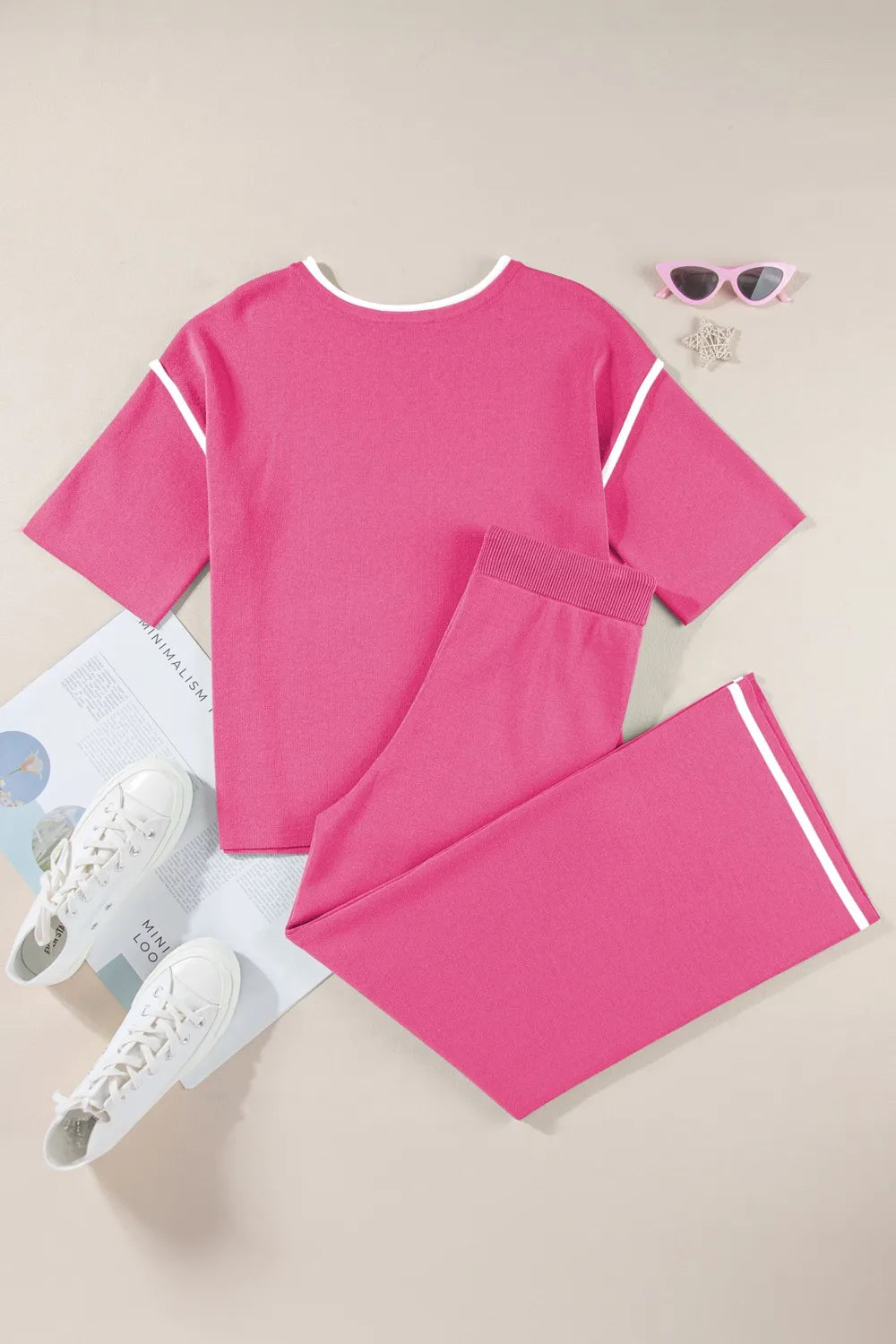 Contrast Trim Round Neck Top and Pants Set - Grace Beauty H&C 