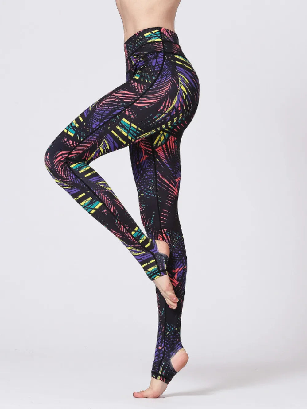 Printed Wide Waistband Active Leggings with Stirrups - Grace Beauty H&C 