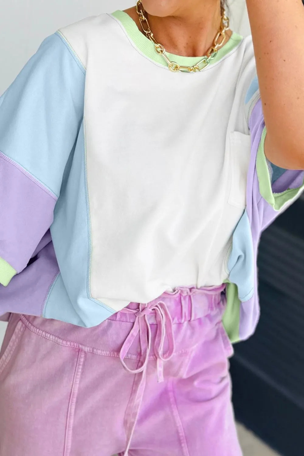 Color Block Patchwork Half Sleeve Oversized T Shirt - Grace Beauty H&C 