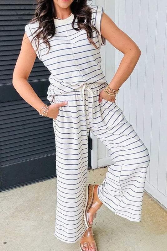Striped Round Neck Top and Pants Set - Grace Beauty H&C 
