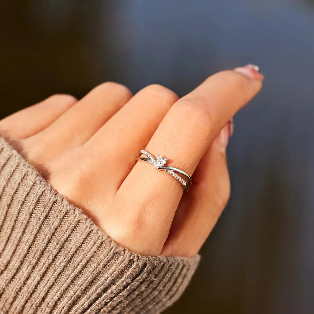 925 Sterling silver Inlaid Zircon Heart Open Ring - Grace Beauty H&C 