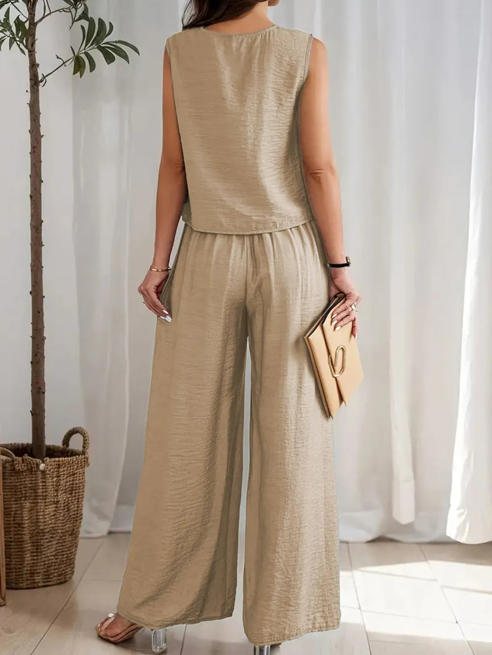 Round Neck Sleeveless Top and Wide Leg Pants Set - Grace Beauty H&C 