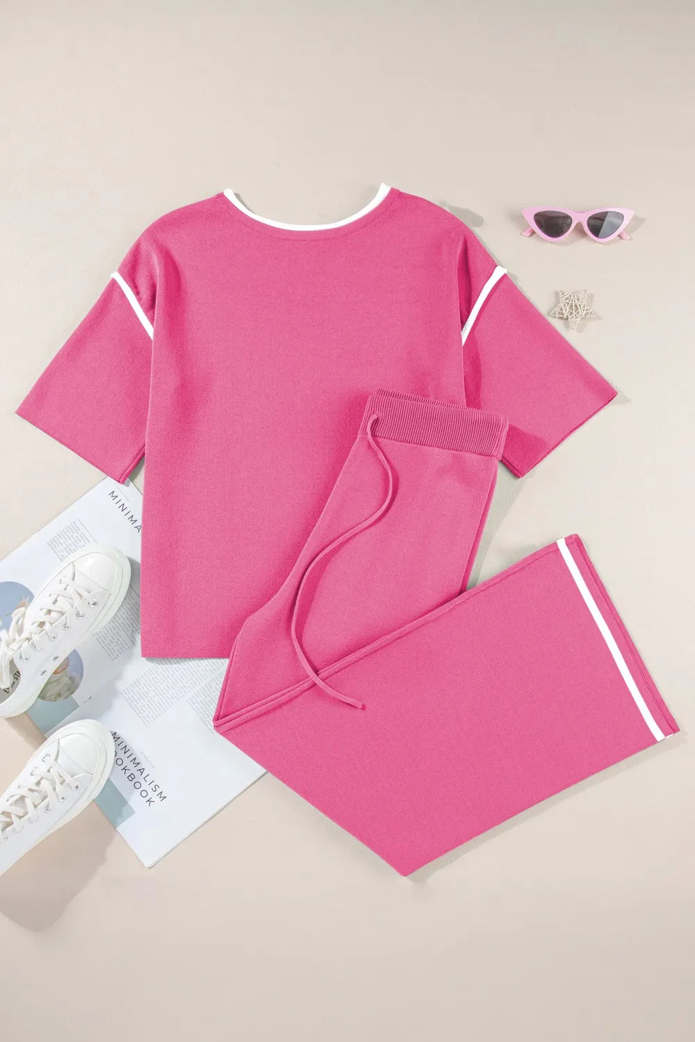 Contrast Trim Round Neck Top and Pants Set - Grace Beauty H&C 