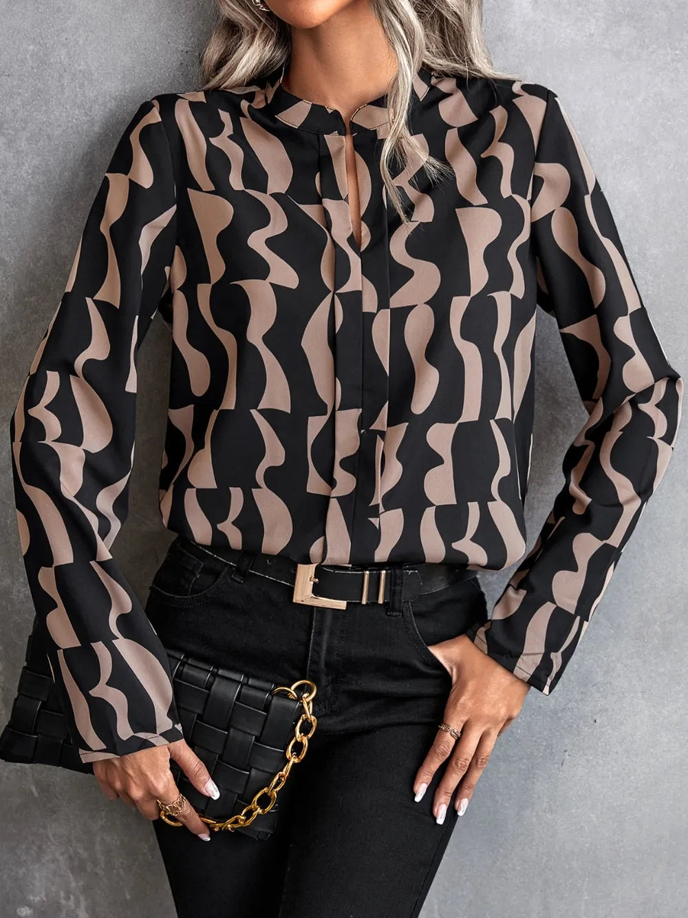 Printed Notched Long Sleeve Blouse - Grace Beauty H&C 
