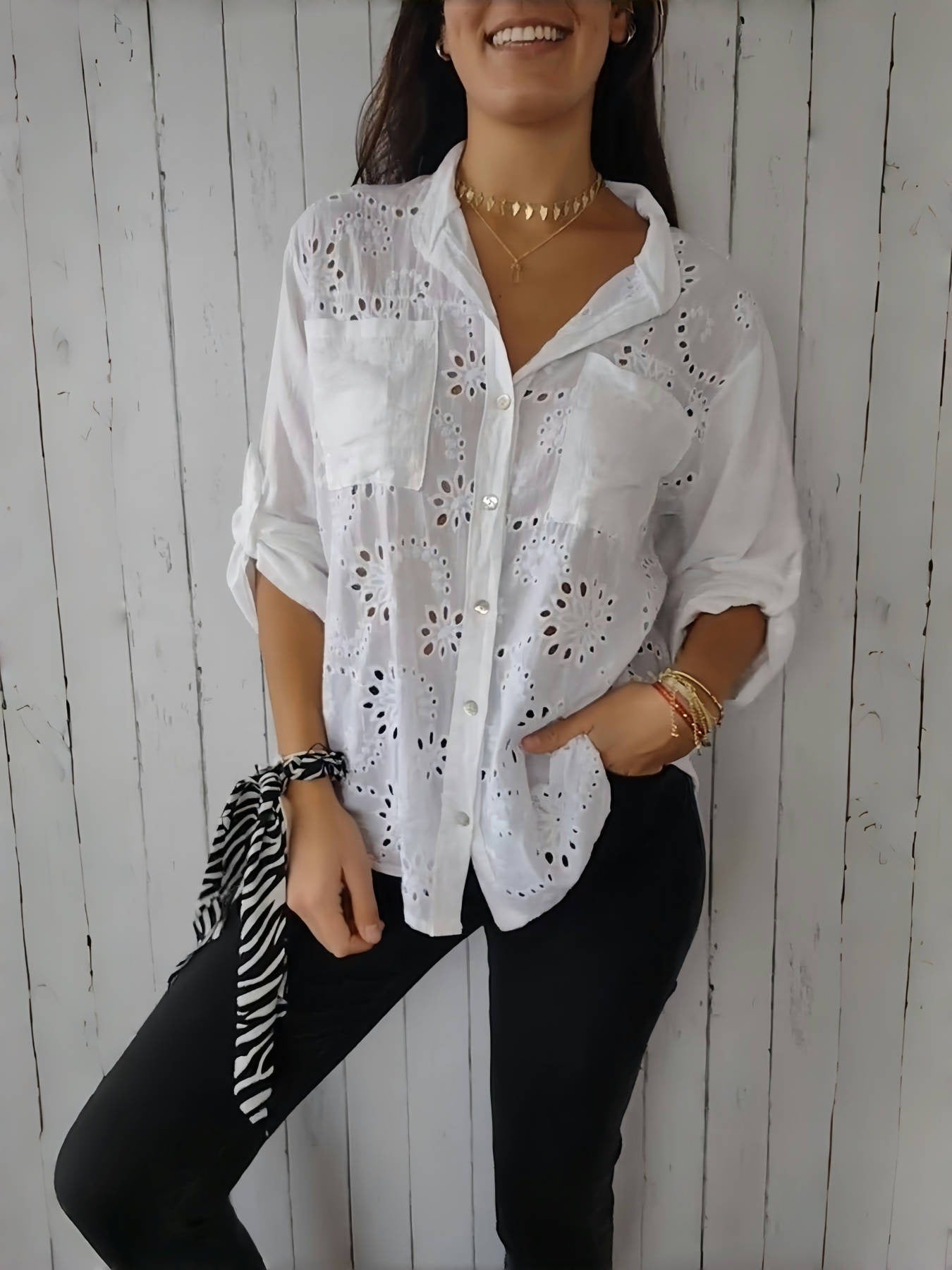 Women's Casual Hollow-out Design Pocket Long Sleeve Button-down Shirt - Grace Beauty H&C 
